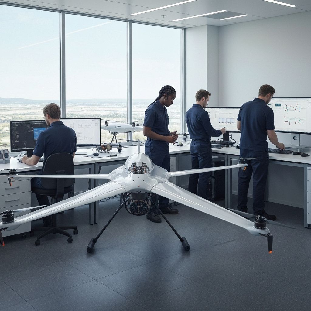HewaTek aerospace engineers collaborating on hydrogen fuel cell drone technology development in modern laboratory