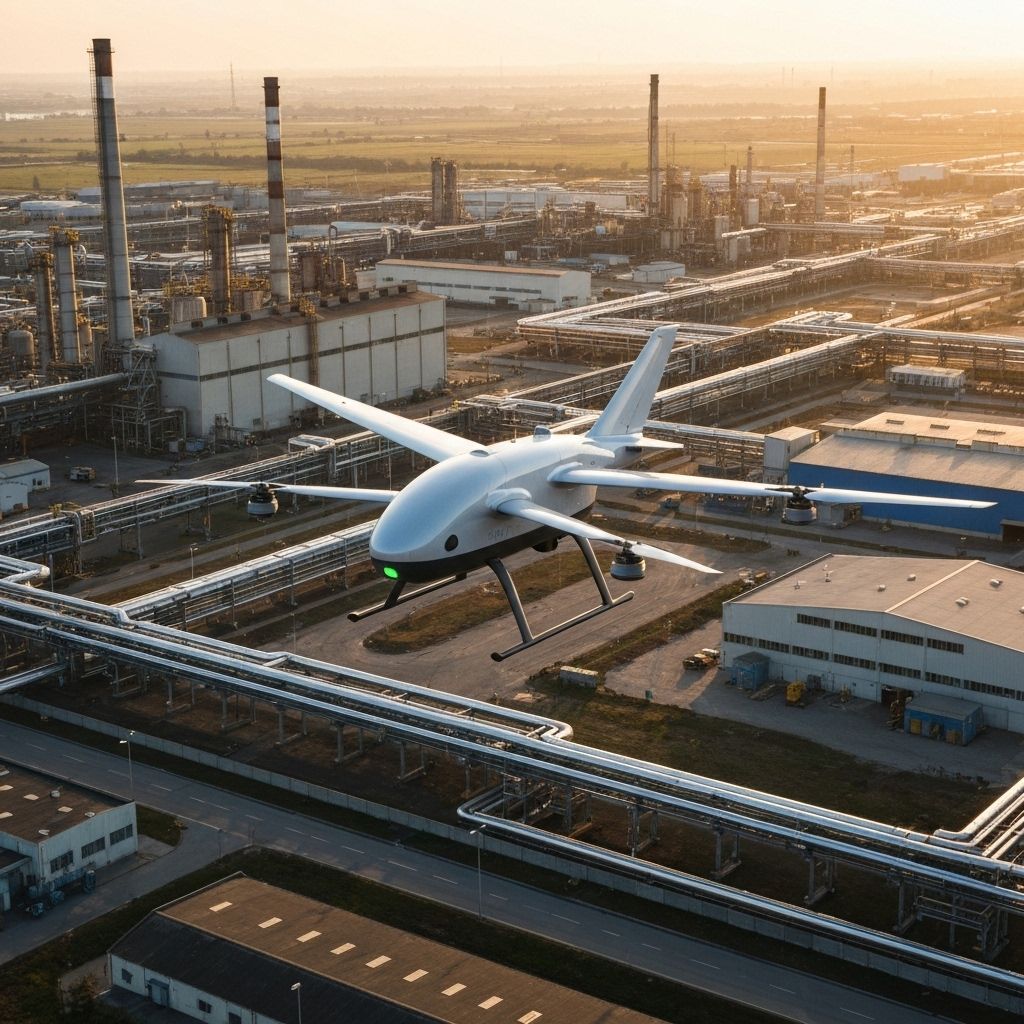 HewaTek hydrogen-powered drone flying over industrial landscape with clean energy infrastructure